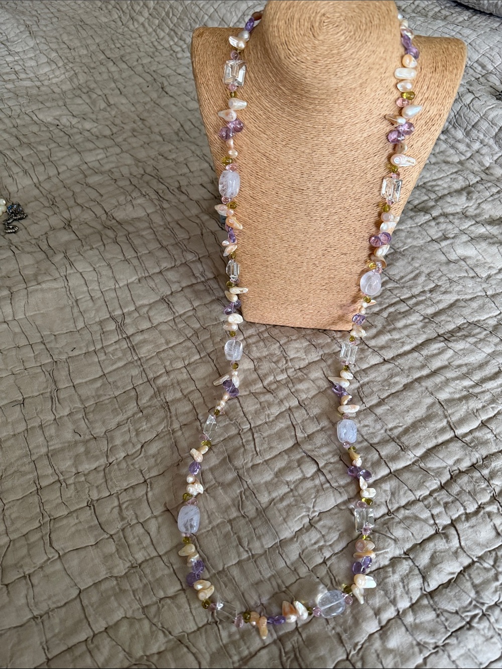 Rose quartz rock crystal fresh water baroque pearl amethyst necklace